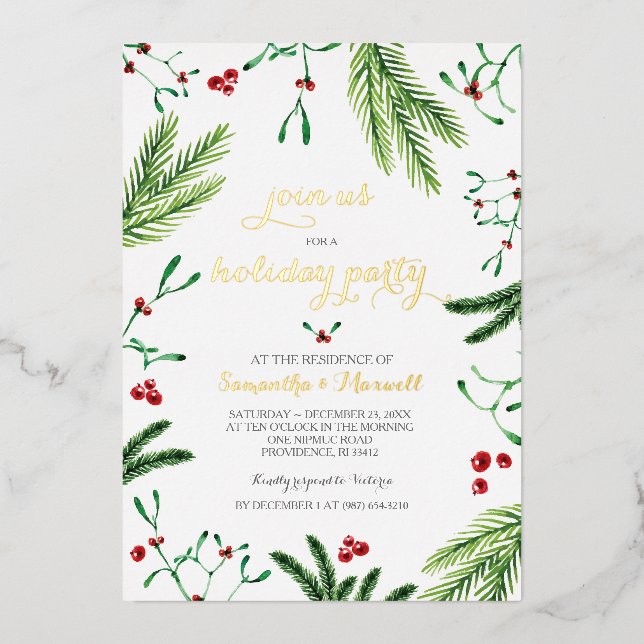 Christmas Foliage and Berries Gold Foil Invitation (Front)