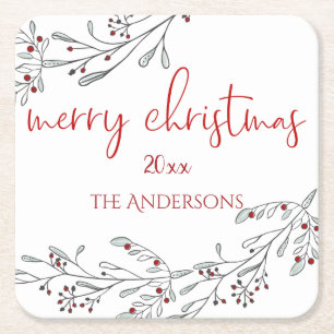 Christmas Foliage and Berries Square Paper Coaster
