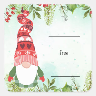 Christmas Foliage Berries Gnome  Square Sticker