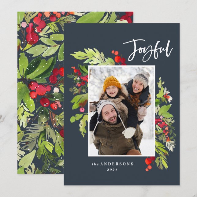 Christmas foliage blue traditional rustic photo holiday card (Front/Back)