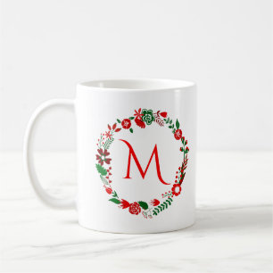 Christmas Foliage & Flowers Wreath With Monogram Coffee Mug