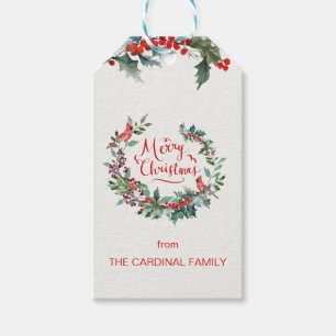 Christmas foliage, holly, Cardinal bird Gift Tags