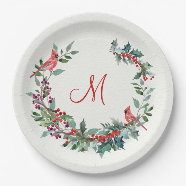 Christmas foliage, holly, Cardinal bird Monogram Paper Plate (Front)