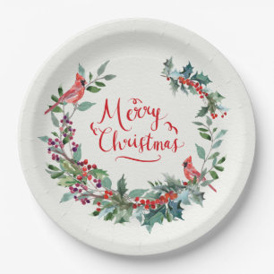 Christmas foliage, holly, Cardinal bird Paper Plate