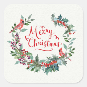 Christmas foliage, holly, Cardinal bird Square Sticker