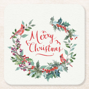 Christmas foliage, holly, Cardinal Square Paper Coaster