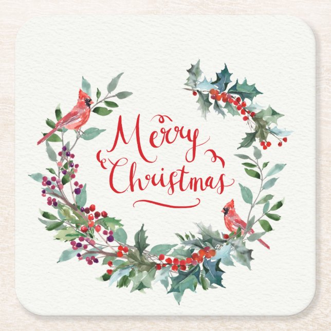 Christmas foliage, holly, Cardinal Square Paper Coaster (Front)