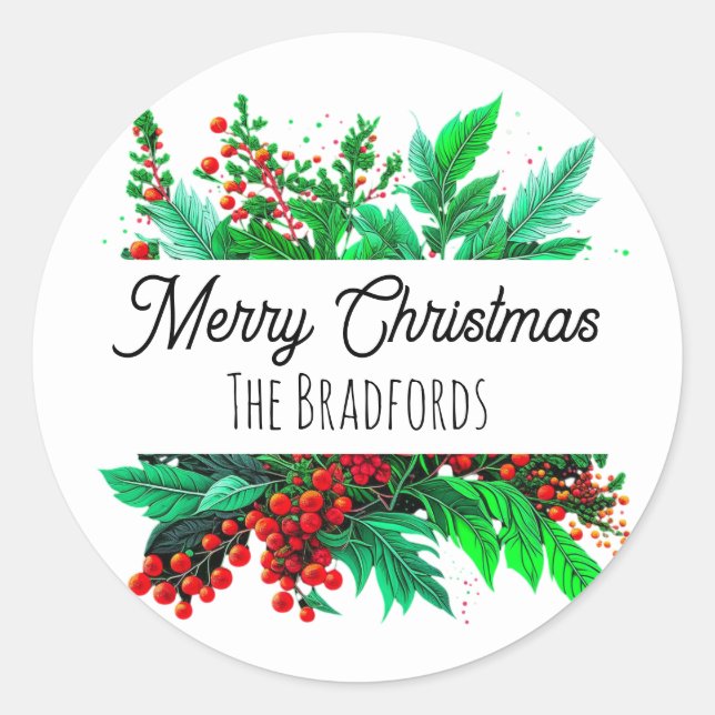 Christmas Foliage | Merry Christmas Personalised Classic Round Sticker (Front)