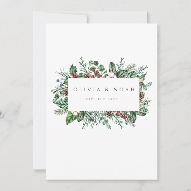 Christmas Foliage Pinecone Save The Date Card (Front)
