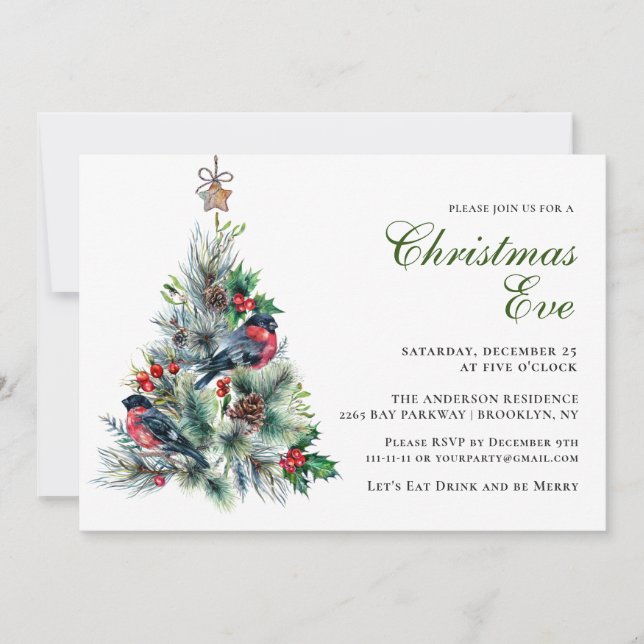 Christmas Foliage & Red Bird Christmas Eve Party Invitation (Front)