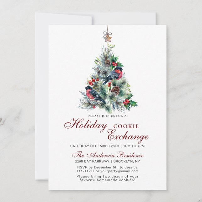 Christmas Foliage Red Bird Holiday Cookie Exchange Invitation (Front)