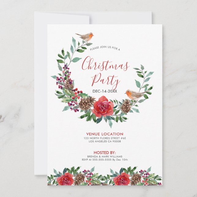 Christmas foliage & red roses bouquet & Red Robin Invitation (Front)