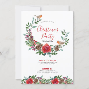 Christmas foliage & red roses bouquet & Red Robin Invitation