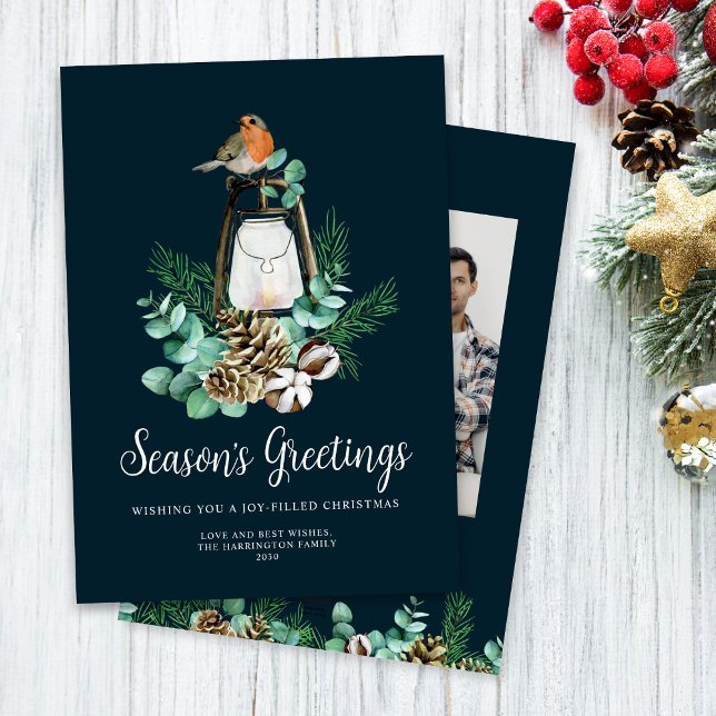 Christmas Foliage Season's Greetings Blue Photo Holiday Card (Creator Uploaded)