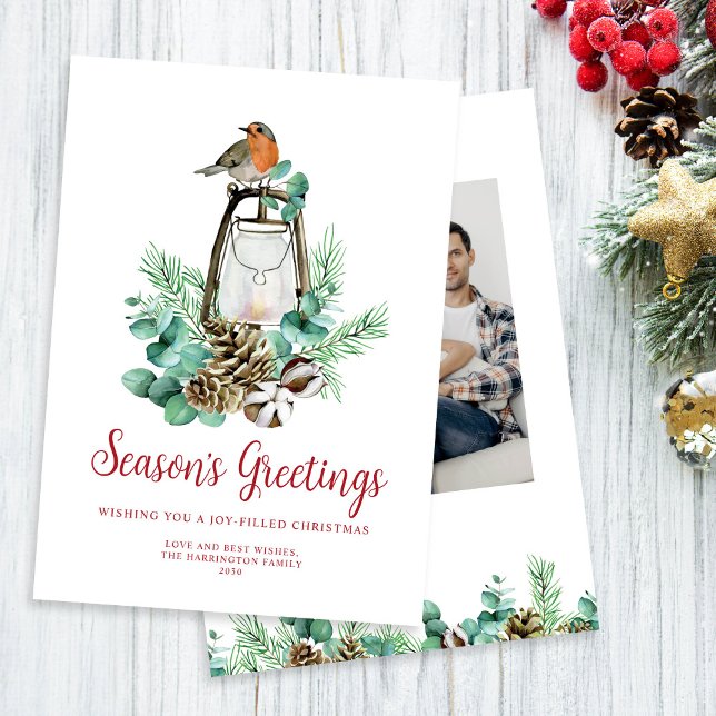 Christmas Foliage Season's Greetings White Photo Holiday Card (Creator Uploaded)