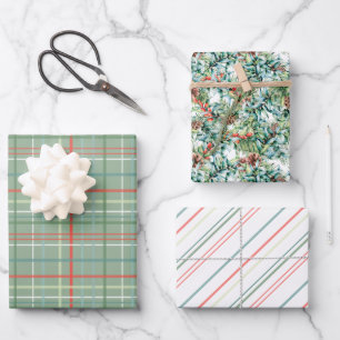 Christmas Foliage, Stripes and Plaid Wrapping Paper Sheet