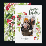 Christmas foliage traditional rustic 1 photo holiday card<br><div class="desc">Happy holiday modern Christmas 1 photo holiday card. Beautiful red and green watercolour painted foliage and modern script text. Part of a collection.</div>
