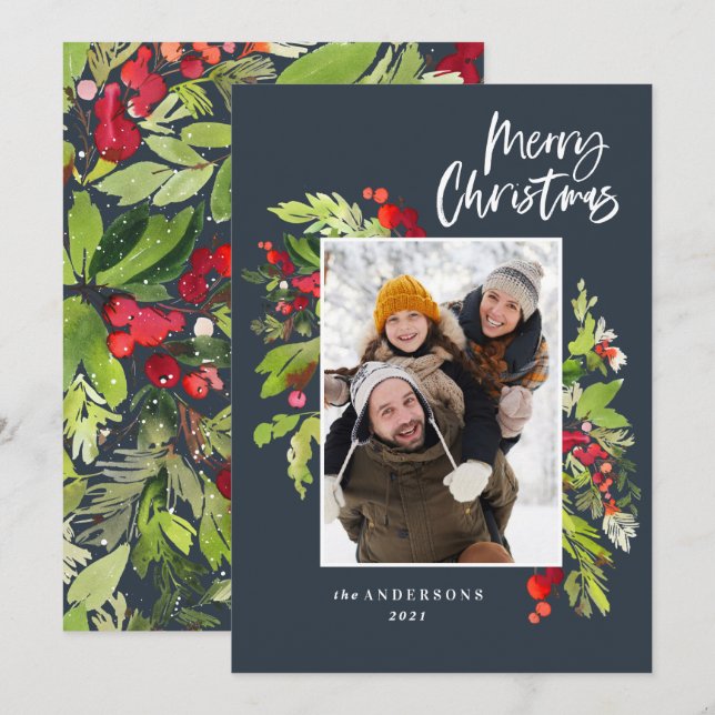Christmas foliage traditional rustic photo holiday card (Front/Back)