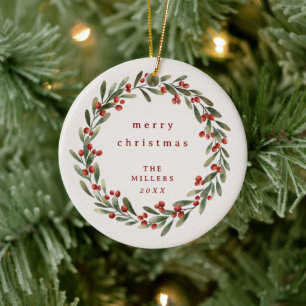 Christmas foliage wreath with red bow ceramic tree decoration