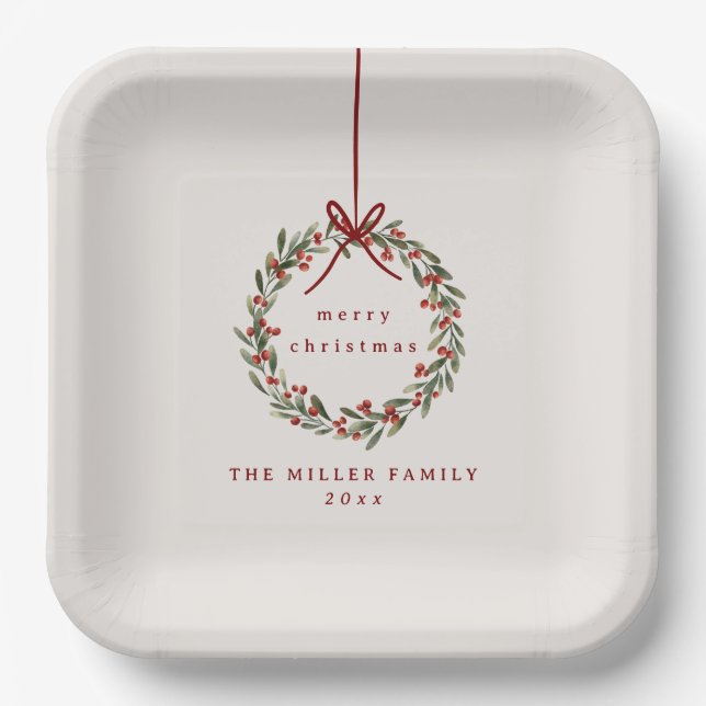 Christmas foliage wreath with red bow  paper plate (Front)
