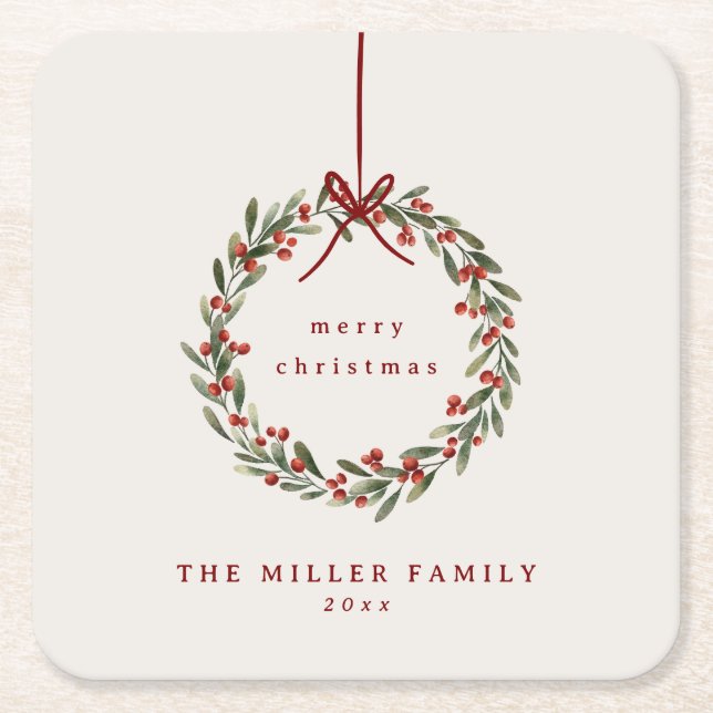 Christmas foliage wreath with red bow  square paper coaster (Front)