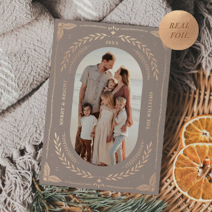 Christmas Folk Art Holiday Photo Taupe Rose Gold