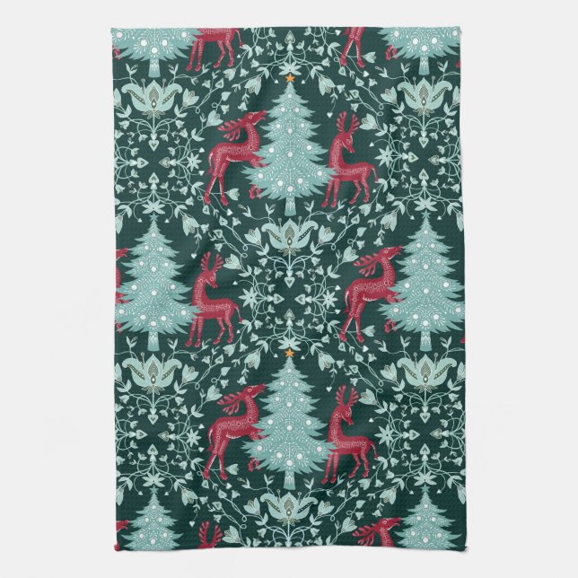 Christmas Folk Art Red Reindeer and Tree Tea Towel (Vertical)