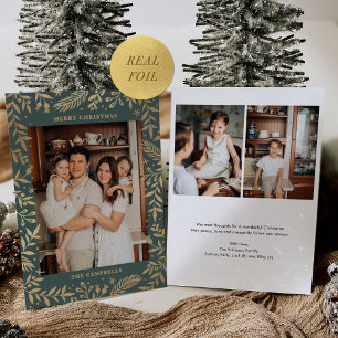 Christmas Folk Floral Photo Green Gold Foil Holiday Card