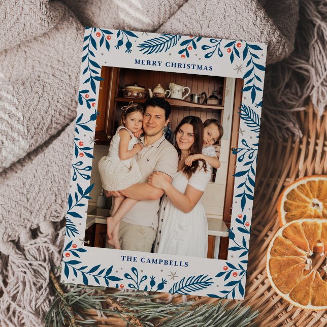 Christmas Folk Floral Photo Holiday Card (Creator Uploaded)