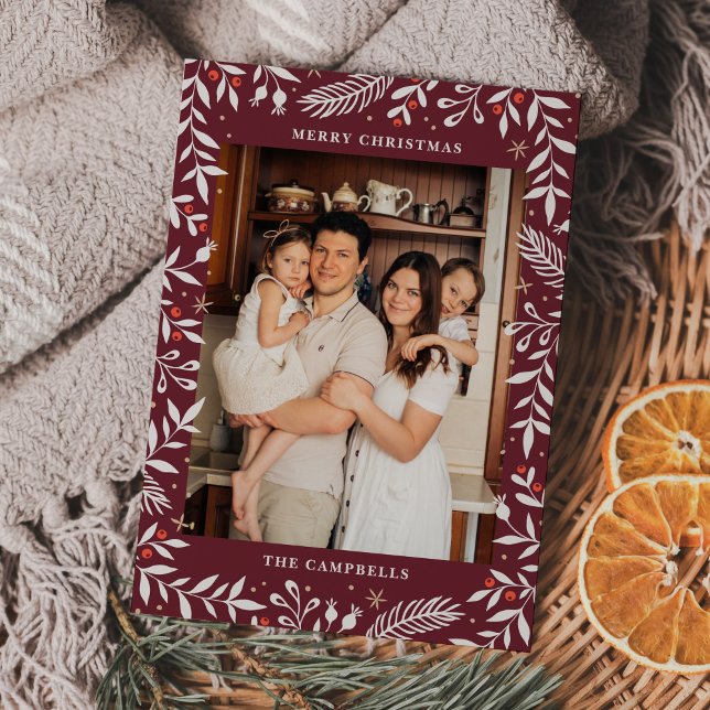 Christmas Folk Floral Photo Holiday Card (Creator Uploaded)