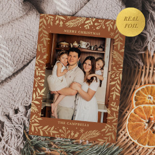 Christmas Folk Floral Photo Terracotta Gold Foil Holiday Card