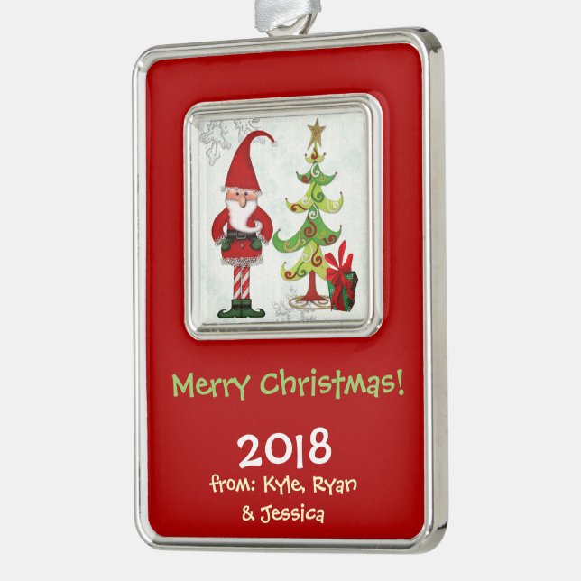 Christmas Folk Whimsey FAMILY PERSONALIZED Silver Plated Framed Ornament (Left)
