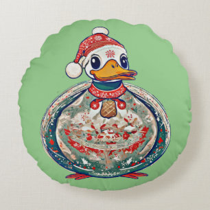 Christmas Folklore Duck Wearing A Santa Hat Round Cushion