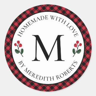 Christmas Food Gift Red Buffalo Plaid Monogram Classic Round Sticker