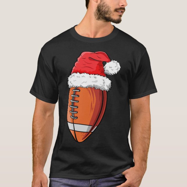 Christmas Football Ball Santa Hat Funny Sports Xma T-Shirt (Front)