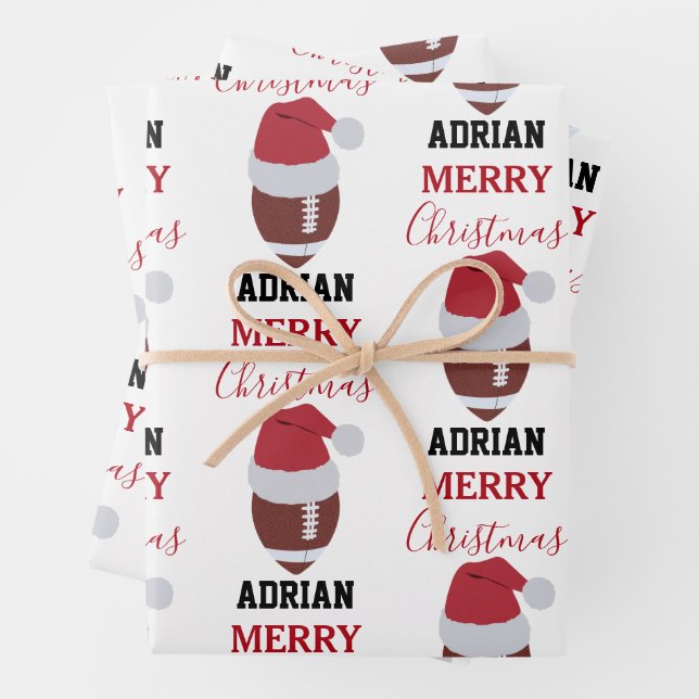 Christmas Football Gridiron Ball Custom Name Wrapping Paper Sheet (In situ)