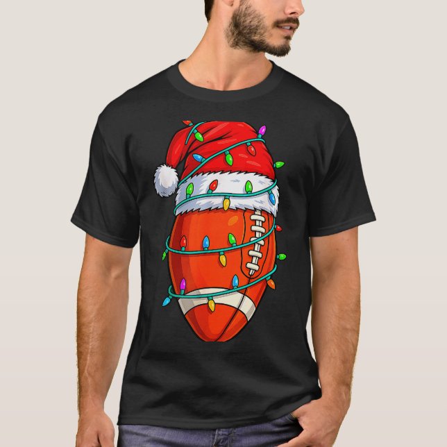 Christmas Football Player Santa Hat Xmas Lights Fu T-Shirt (Front)