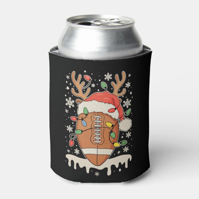 Christmas Football Santa Hat Reindeer Xmas Lights Can Cooler (Can Front)