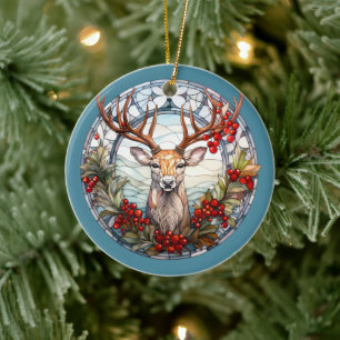 Christmas For Dad Deer Head Antlers Red Blue Ceramic Tree Decoration