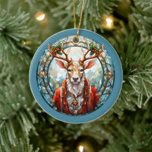 Christmas For Dad Deer Head Antlers Red Blue Ceramic Tree Decoration