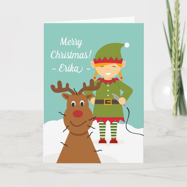 Christmas for Electrologist with Elf and Reindeer Holiday Card (Front)