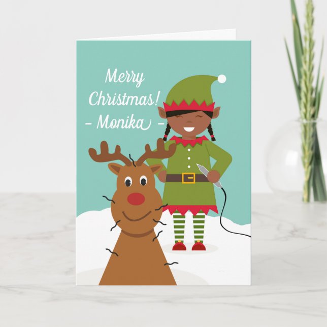 Christmas for Electrologist with Elf and Reindeer Holiday Card (Front)