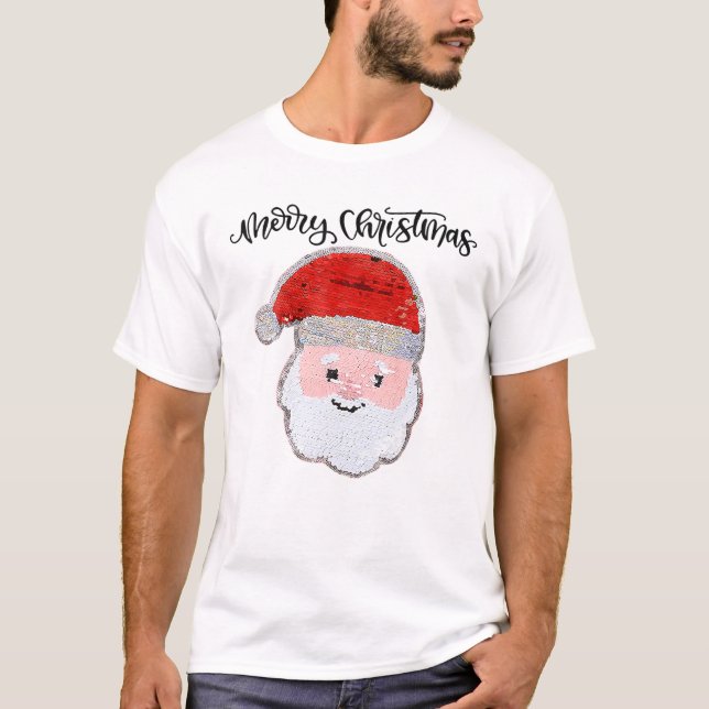 Christmas For Girls And Boys Flip Sequin Santa T-Shirt (Front)