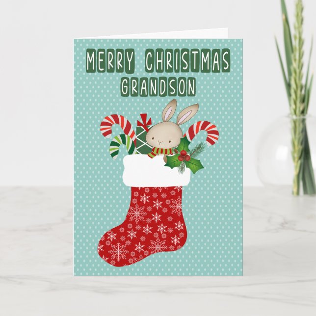 Christmas for Grandson Stocking with Bunny Card (Front)