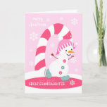 Christmas for Great Granddaughter Snowman Holiday Card<br><div class="desc">Send a special great granddaughter a fun and colourful Christmas card featuring a happy ice skating snowman with a colourful candy cane and snowflakes on a light pink background. Snowman courtesy of Pretty Grafik.</div>