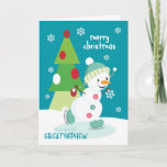 Christmas for Great Nephew Ice Skating Snowman Holiday Card<br><div class="desc">Send a special Great Nephew a fun and colorful Christmas card featuring a happy ice skating snowman with a colorful Christmas tree and snowflakes on a turquoise background. Snowman courtesy of Pretty Grafik.</div>