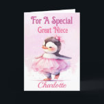 Christmas for Great Niece Penguin Pink Ballerina Holiday Card<br><div class="desc">A cute Christmas card designed for a special great / grand Niece . Design of a baby penguin dressed as a ballerina in a pink tutu with a pale pink and white snowy background . All text can be amended as needed . Customised by changing the title and who for...</div>