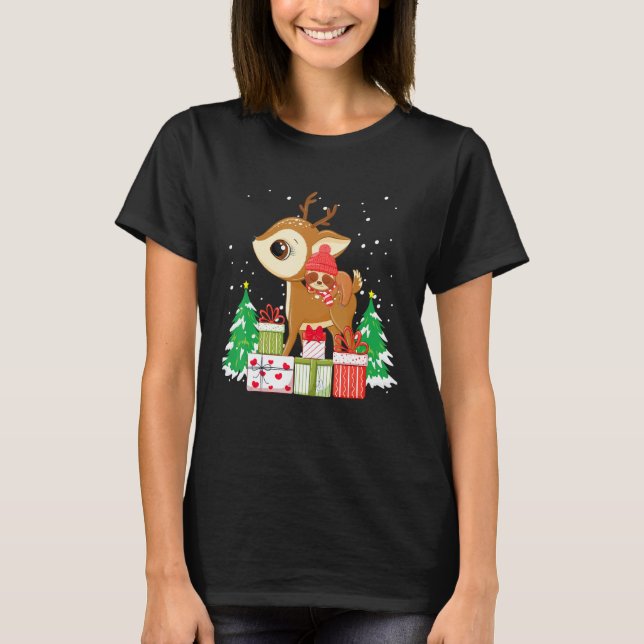 Christmas for men women kids sloth Riding Reindeer T-Shirt (Front)