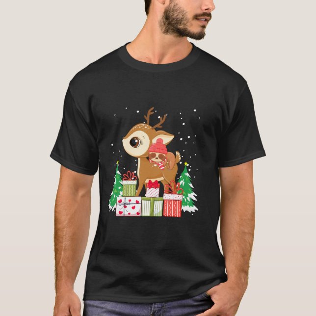 Christmas for men women kids sloth Riding Reindeer T-Shirt (Front)