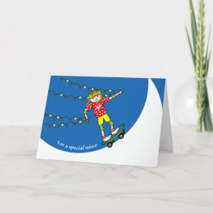 Christmas for Niece, Girl, Skateboard and Lights Holiday Card